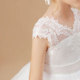 Ivory Floor-length V-Neck Lace Tulle Satin Flower Girl Dresses