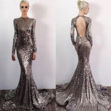 Long Sleeve Sequin Open Back Mermaid Shinny High Neck Floor-Length Prom Dresses uk PM580