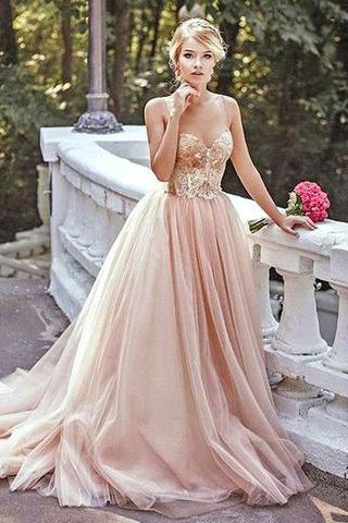 Blush Pink Spaghetti straps Tulle Beading Sweetheart Long Prom Dresses