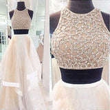 Two Piece Sexy Champagne High Neck Tulle Prom Dresses