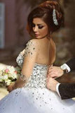 Sheer Beaded Long Sleeves Sweetheart Crystals Tulle Wedding Dresses