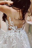 A Line V-neck Tulle Floral Appliques Wedding Dresses N067