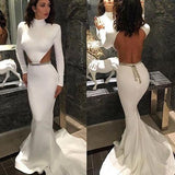 White High Neck Mermaid Long Sleeve Hollow Waist Backless Saudi Arabia Prom Dresses uk PM165