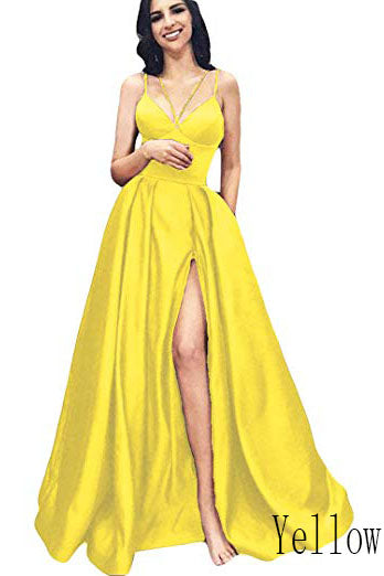 A Line Split V-Neck Burgundy Prom Dress with Pockets Spaghetti Straps Prom Dress PW593
