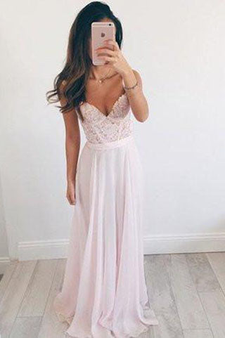 Elegant Baby Pink A Line V-Neck Long Chiffon Long Prom Dress