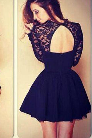 Sexy High Black Neck Long Sleeves Lace Backless Short Homecoming Dress