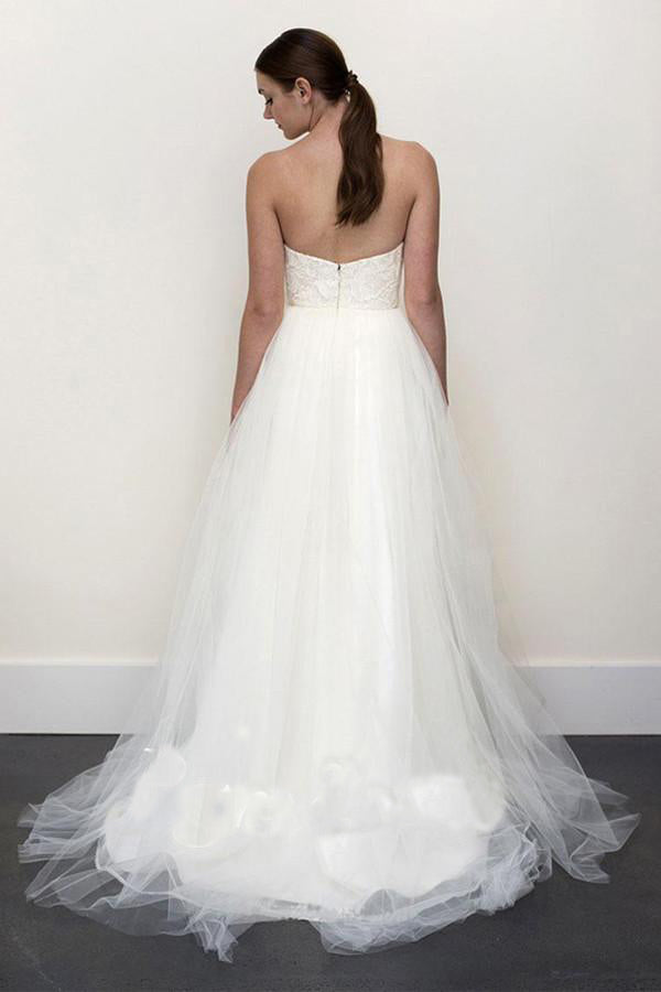 Sexy Top A-line White Lace Grey Tulle Strapless Sweetheart Neck Wedding Dress PM357
