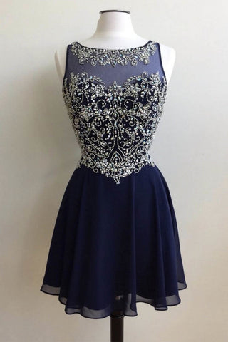 Chiffon Dark Blue Beading Round Neck Short Prom Dresses