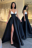 A Line Satin Black and White Spaghetti Straps Prom Dresses PD0116