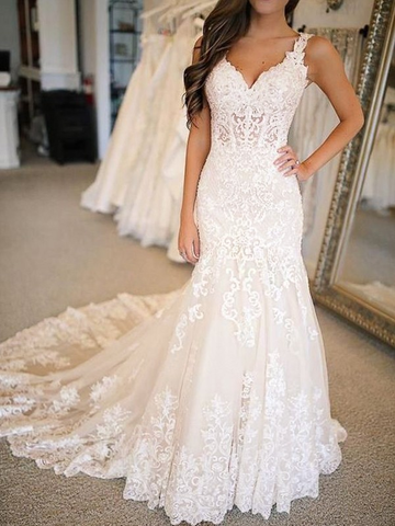 Mermaid V-neck Bridal Dresses Lace Appliques Wedding Dresses