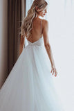 Elegant Tulle Spaghetti Straps V-Neck Beaded Appliqued A-line Wedding Dress W1154