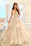 Ball Gown V Neck Tulle Wedding Dress with Appliques N106