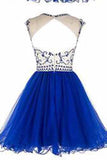 Beading Hollow Back Tulle Royal Blue Short Prom Dress