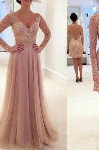 Elegant Pink A Line V-Neck Long Sleeves Lace Tulle Prom Dress