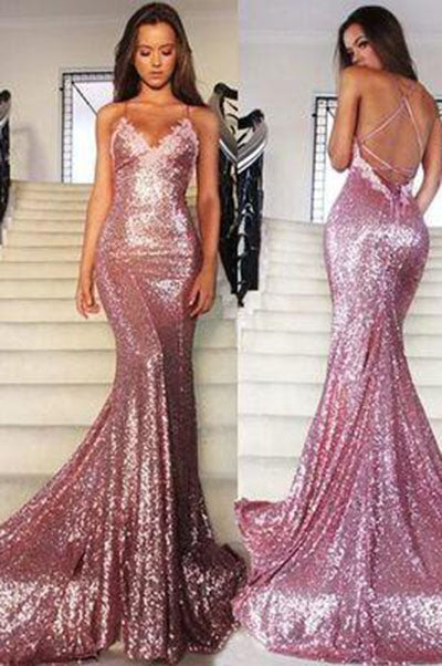 Mermaid Rose Gold Sequins Long Spaghetti Straps Backless Prom Dresses
