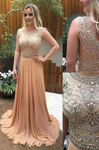 See Through Beaded Champagne A Line Long Prom Dress
