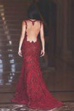 Gorgeous Red Mermaid V-Neck Backless Beading Appliques Prom Dresses