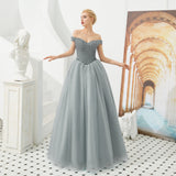 A Line Off The Shoulder Beading Tulle Floor Length Prom Dress WH38339