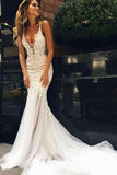 Luxurious Mermaid Long V-Neck Open Back Wedding Dresses