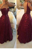 Sexy V-Neck Burgundy Backless Lace Beading Floor-Length Prom Dress