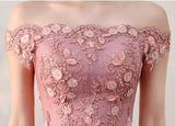 Chic A-Line Off-the-Shoulder Pink Appliques Lace-up Tulle Modest Long Prom Dresses uk PM410