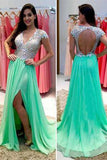 Sexy Green Open Back V-Neck Beaded Side Slit Prom Dress