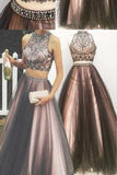 Two pieces A Line Beaded Tulle Long Prom Dress