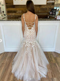 Elegant Mermaid Spaghetti Straps Appliques Champagne Tulle Prom Dress