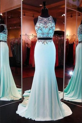 Two Piece Mermaid Green Halter Sleeveless Beads Sparkle Formal Dress