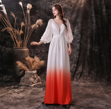 A Line Deep V-Neck Long Sleeve Ombre Silk Like Floor Length Party Dress WH21452