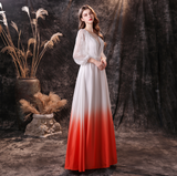 A Line Deep V-Neck Long Sleeve Ombre Silk Like Floor Length Party Dress WH21452