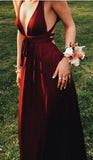 Sexy Burgundy Deep V-Neck Sleeveless Floor-Length Backless Prom Dresses