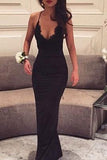 Sexy Black Lace Spaghetti Straps V-Neck Sleeveless Mermaid Prom Dress