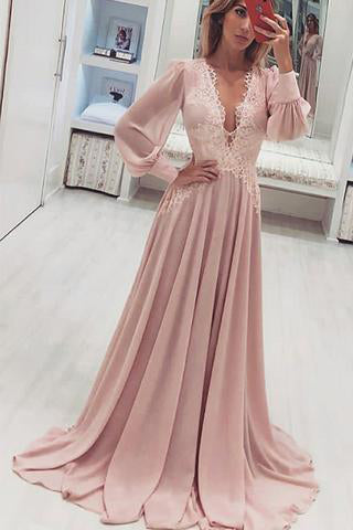 A-Line Deep V-Neck Long Pink Chiffon Prom Dress With Appliques Long Sleeves uk PW445