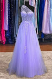 A-line One Shoulder Purple Tulle Prom Dresses N353