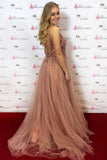 A-line V-Neck Beaded Bodice Tulle Long Prom Dresses Pink Backless Evening Dress PW517