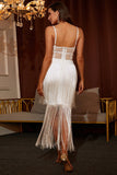 White Spaghetti Straps Tassels Short Homecoming Dress