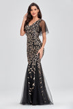 Elegant Mermaid V-Neck Black And Gold Long Prom Dresses