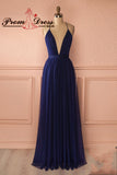 A Line Deep V-Neck Straps Tulle Long Prom Dress P1161