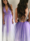 A Line Deep V-Neck Open Back Ombre Tulle Beading Prom Dress PW77