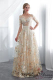 A Line Floral Appliques 3/4 Sleeves Empire Waist Long Prom Dress P1211