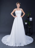 A Line Spaghetti Straps Appliques Chiffon Court Train Wedding Dress WH26283