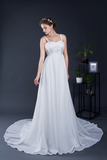 A Line Spaghetti Straps Appliques Chiffon Court Train Wedding Dress WH26283