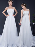 A Line Spaghetti Straps Appliques Chiffon Court Train Wedding Dress WH26283