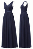 A Line V Neck Chiffon Navy Blue Floor Length Prom Dresses PW337