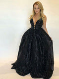 A-line Deep V-Neck Sequins Long Prom Dress