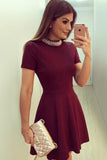 Cute Burgundy High Neck Short Sleeve Keyhole Back Beading Cheap Homecoming Dresses uk PH940