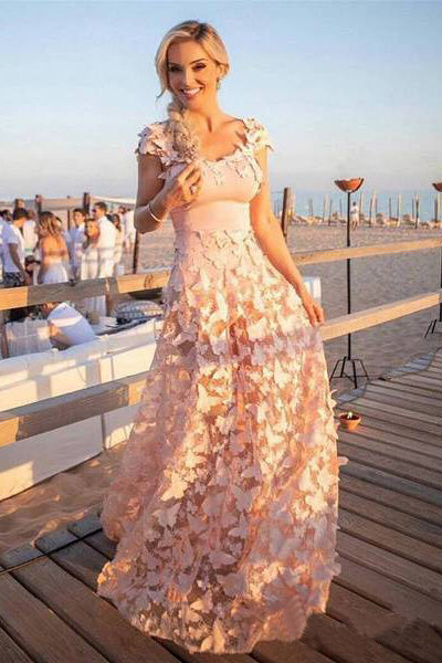 A Line Blush Pink 3D Butterfly Sweetheart Lace Long Prom Dresses with Cap Sleeve PW451