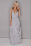 A Line Chiffon Grey Floor Length V Neck Ruffles Bridesmaid Dress, Long Prom Dresses PW397