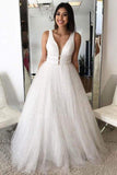 A Line Deep V Neck Ball Gown Prom Dresses Open Back White Evening Dresses PW536 
